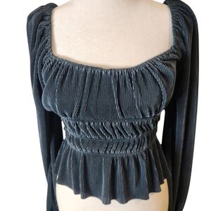 NWOT‎ Unbranded Plissé Pleated Blouse Women S Midnight Blue Smock Balloon Sleeve